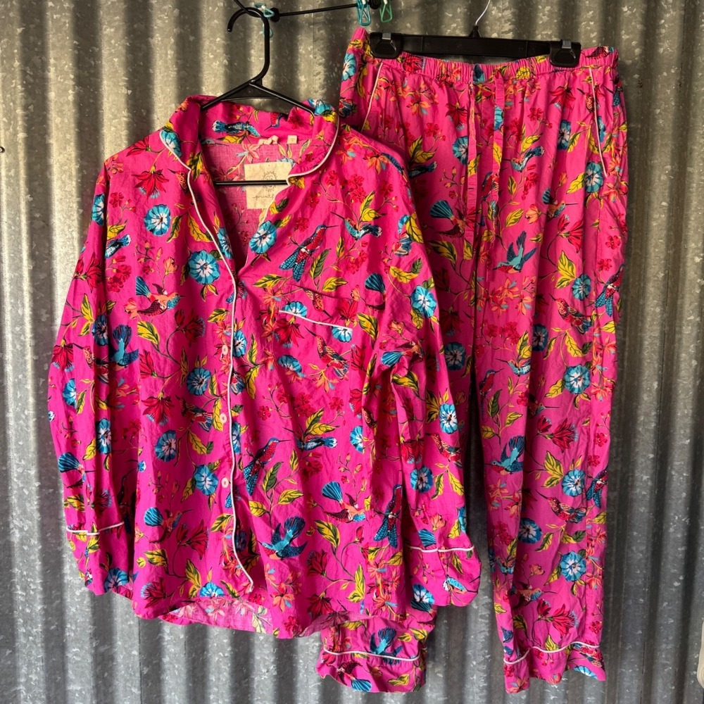 Printfresh Organic Cotton Pajama Set PJ top pants Pink Hummingbird Floral Medium